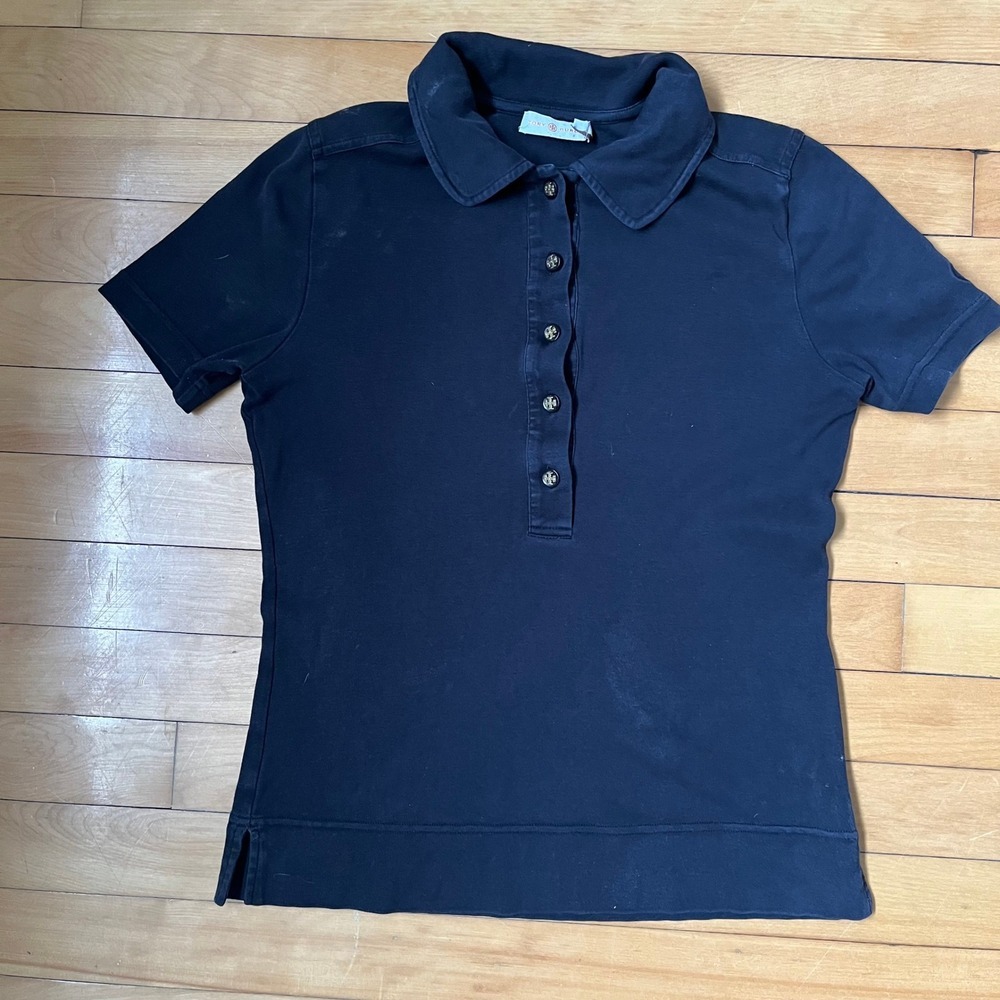 Tory Burch Womens Navy Blue Short Sleeve Polo Shirt Gold Logo Buttons Size S